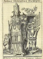 An illustration from Tractatus posthumus Jani Jacobi Boissardi Vesuntini De divinatione & magicis praestigiis : quarum veritas ac vanitas solidè exponitur per descriptionem deorum fatidicorum qui olim responsa dederunt : eorundemque prophetarum, sacerdotum, phoebadum, sybyllarum & divinorum, qui priscis temporibus celebres oraculis exstiterunt ; adjunctis simul omnium effigiebus, ab ipso autore e gemmis, marmoribus, tabulisq[ue] antiquis ad vivum delineatus : jam modo eleganter aeri incisis per Joh. Theodor. de Bry .. (1615)
