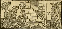 An illustration from Tragicomedia de Calisto y Melibea : en la qual se contiene de mas de su agradable y dulce estilo muchas sentencias filosofales : y avisos muy necessarios para mancebos : mostrandoles los engaños q estan encerrados en seruientes [sic] y alcahuetas : y nuevamente añadidos el tractado de Centurio (1502)