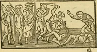 An illustration from Tragicomedia de Calisto y Melibea : en la qual se contiene de mas de su agradable y dulce estilo muchas sentencias filosofales : y avisos muy necessarios para mancebos : mostrandoles los engaños q estan encerrados en seruientes [sic] y alcahuetas : y nuevamente añadidos el tractado de Centurio (1502)