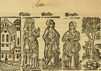 An illustration from Tragicomedia de Calisto y Melibea : en la qual se contiene de mas de su agradable y dulce estilo muchas sentencias filosofales : y avisos muy necessarios para mancebos : mostrandoles los engaños q estan encerrados en seruientes [sic] y alcahuetas : y nuevamente añadidos el tractado de Centurio (1502)