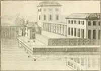 An illustration from Traité de perspective a l'usage des artistes : où l'on démontre géométriquement toutes les pratiques de cette science, & où l'on enseigne, selon la méthode de M. le Clerc, à mettre toutes sortes d'objets en perspective, leur reverbération dans l'eau, & leurs ombres, tant au soleil qu'au flambeau (1750)