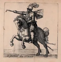 An illustration from Traité de l'exercice militaire : ou est l'instruction des jeux de toutes sortes d'armes, & celuy du drapeau : auec vne methode tres-facile pour faire faire l'exercice aux soldats, & dresser toutes sortes de bataillons : ensemble les deuoirs des generaux d'armée, des majors, capitaines, lieutenans, enseignes, sergens, caporaulx, ansepassades, des soldats, & plusieurs autres discours de l'art militaire (1650)