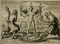 An illustration from Tripvs avrevs, hoc est, Tres tractatvs chymici selectissimi : nempe I. Basilii Valentini ... Practica vna cum 12. clauibus & appendice, ex Germanico; II. Thomæ Nortoni ... Crede mihi, seu, Ordinale, ante annos 140. ab authore scriptum, nunc ex Anglicano manuscripto in Latinum translatum, phrasi cuiusque authoris vt & sententia retenta; III. Cremeri ... Testamentum, hactenus nondum publicatum (1618)