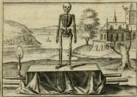 An illustration from Tripvs avrevs, hoc est, Tres tractatvs chymici selectissimi : nempe I. Basilii Valentini ... Practica vna cum 12. clauibus & appendice, ex Germanico; II. Thomæ Nortoni ... Crede mihi, seu, Ordinale, ante annos 140. ab authore scriptum, nunc ex Anglicano manuscripto in Latinum translatum, phrasi cuiusque authoris vt & sententia retenta; III. Cremeri ... Testamentum, hactenus nondum publicatum (1618)