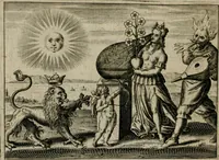 An illustration from Tripvs avrevs, hoc est, Tres tractatvs chymici selectissimi : nempe I. Basilii Valentini ... Practica vna cum 12. clauibus & appendice, ex Germanico; II. Thomæ Nortoni ... Crede mihi, seu, Ordinale, ante annos 140. ab authore scriptum, nunc ex Anglicano manuscripto in Latinum translatum, phrasi cuiusque authoris vt & sententia retenta; III. Cremeri ... Testamentum, hactenus nondum publicatum (1618)