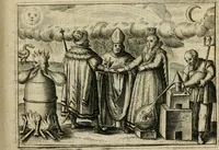 An illustration from Tripvs avrevs, hoc est, Tres tractatvs chymici selectissimi : nempe I. Basilii Valentini ... Practica vna cum 12. clauibus & appendice, ex Germanico; II. Thomæ Nortoni ... Crede mihi, seu, Ordinale, ante annos 140. ab authore scriptum, nunc ex Anglicano manuscripto in Latinum translatum, phrasi cuiusque authoris vt & sententia retenta; III. Cremeri ... Testamentum, hactenus nondum publicatum (1618)