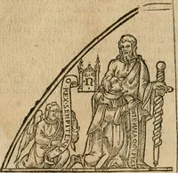 An illustration from Trois traitez de la philosophie natvrelle, non encore imprimez : scavoir, Le secret livre dv tres-ancien philosophe Artephivs, traitant de l'art occulte & transmutation metallique, latin françois : plvs, Les figvres hierogliphiqves de Nicolas Flamel, ainsi qu'il les a mises en la quatriesme arche qu'il a bastie au Cimetiere des innocens à Paris, entrant par la grande porte de la ruë S. Denys, & prenant la main droite, auec l'explication d'icelles par iceluy Flamel : ensemble, Le vray liure du docte Synesivs abbé grec, tiré de la bibliotheque de l'empereur sur le mesme subiect (1612)