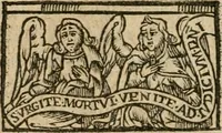 An illustration from Trois traitez de la philosophie natvrelle, non encore imprimez : scavoir, Le secret livre dv tres-ancien philosophe Artephivs, traitant de l'art occulte & transmutation metallique, latin françois : plvs, Les figvres hierogliphiqves de Nicolas Flamel, ainsi qu'il les a mises en la quatriesme arche qu'il a bastie au Cimetiere des innocens à Paris, entrant par la grande porte de la ruë S. Denys, & prenant la main droite, auec l'explication d'icelles par iceluy Flamel : ensemble, Le vray liure du docte Synesivs abbé grec, tiré de la bibliotheque de l'empereur sur le mesme subiect (1612)