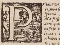 An illustration from [Tutte le opere del famosissimo Ruzante : di nuovo con somma diligenza rivedute, et corrette : et aggiuntovi un sonnetto et una canzone dell'istesso autore .. (1584)