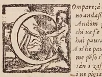 An illustration from [Tutte le opere del famosissimo Ruzante : di nuovo con somma diligenza rivedute, et corrette : et aggiuntovi un sonnetto et una canzone dell'istesso autore .. (1584)