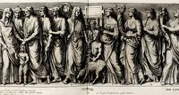 An illustration from Übrig gebliebene Merckzeichen von den römischen Antiquitäten und der Bild-Hauer-Kunst der Alten in Basso-relievo, nach den Marmolsteinern Originalien, so zu Rom in den Triumphbögen und alterfallenen Gebäuen, ingleichen im Capitolio, Palatien und Lustgärten groser Herren anzutreffen sind und viel herrliche zur Erläuterung der Röm: Historie, wie auch der Sitten und Gebräuche der Alten gehörige Sache[n] vor Augen stellen, nach ihrer eigentlichen Vollkommenheit in LXXX grossen Figuren (1642)