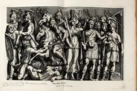 Picture 5 of 25 from Übrig gebliebene Merckzeichen von den römischen Antiquitäten und der Bild-Hauer-Kunst der Alten in Basso-relievo, nach den Marmolsteinern Originalien, so zu Rom in den Triumphbögen und alterfallenen Gebäuen, ingleichen im Capitolio, Palatien und Lustgärten groser Herren anzutreffen sind und viel herrliche zur Erläuterung der Röm: Historie, wie auch der Sitten und Gebräuche der Alten gehörige Sache[n] vor Augen stellen, nach ihrer eigentlichen Vollkommenheit in LXXX grossen Figuren (1642), leaf 39