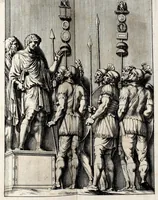 An illustration from Übrig gebliebene Merckzeichen von den römischen Antiquitäten und der Bild-Hauer-Kunst der Alten in Basso-relievo, nach den Marmolsteinern Originalien, so zu Rom in den Triumphbögen und alterfallenen Gebäuen, ingleichen im Capitolio, Palatien und Lustgärten groser Herren anzutreffen sind und viel herrliche zur Erläuterung der Röm: Historie, wie auch der Sitten und Gebräuche der Alten gehörige Sache[n] vor Augen stellen, nach ihrer eigentlichen Vollkommenheit in LXXX grossen Figuren (1642)