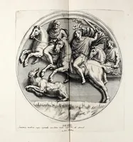An illustration from Übrig gebliebene Merckzeichen von den römischen Antiquitäten und der Bild-Hauer-Kunst der Alten in Basso-relievo, nach den Marmolsteinern Originalien, so zu Rom in den Triumphbögen und alterfallenen Gebäuen, ingleichen im Capitolio, Palatien und Lustgärten groser Herren anzutreffen sind und viel herrliche zur Erläuterung der Röm: Historie, wie auch der Sitten und Gebräuche der Alten gehörige Sache[n] vor Augen stellen, nach ihrer eigentlichen Vollkommenheit in LXXX grossen Figuren (1642)
