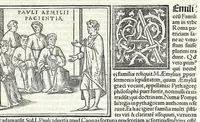 An illustration from Uitae Plutarchi Cheronei : nouissime post Jodocũ Badiũ Ascẽsium lõge diligentius repositae, maioreq[ue] diligẽtia castigatae, cũ copiosiore verioreq[ue] indice : necnon cũ Aemilij Probi vitis : una cũ figuris suis locis apte dispositis (1516)