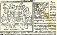 An illustration from Uitae Plutarchi Cheronei : nouissime post Jodocũ Badiũ Ascẽsium lõge diligentius repositae, maioreq[ue] diligẽtia castigatae, cũ copiosiore verioreq[ue] indice : necnon cũ Aemilij Probi vitis : una cũ figuris suis locis apte dispositis (1516)