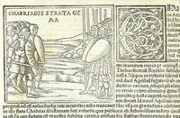 An illustration from Uitae Plutarchi Cheronei : nouissime post Jodocũ Badiũ Ascẽsium lõge diligentius repositae, maioreq[ue] diligẽtia castigatae, cũ copiosiore verioreq[ue] indice : necnon cũ Aemilij Probi vitis : una cũ figuris suis locis apte dispositis (1516)
