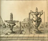 An illustration from Utilissimo trattato dell'acque correnti : diviso in tre libri : nel quale si notificano le misure, ed esperienze di esse : i giuochi, e scherzi, li quali per mezzo dell'aria, e del fuoco, vengono operati dall'acqua : con diversi necessarii ammaestramenti intorno al modo di far condotti, fistole, bottini, ed altro, per condurre l'acque ne' luoghi destinati : con una esatta notizia di tutto quello, ch'è stato operato intorno alla conduttura dell' acqua di Bracciano (1696)