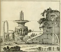 An illustration from Utilissimo trattato dell'acque correnti : diviso in tre libri : nel quale si notificano le misure, ed esperienze di esse : i giuochi, e scherzi, li quali per mezzo dell'aria, e del fuoco, vengono operati dall'acqua : con diversi necessarii ammaestramenti intorno al modo di far condotti, fistole, bottini, ed altro, per condurre l'acque ne' luoghi destinati : con una esatta notizia di tutto quello, ch'è stato operato intorno alla conduttura dell' acqua di Bracciano (1696)