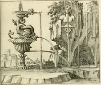 An illustration from Utilissimo trattato dell'acque correnti : diviso in tre libri : nel quale si notificano le misure, ed esperienze di esse : i giuochi, e scherzi, li quali per mezzo dell'aria, e del fuoco, vengono operati dall'acqua : con diversi necessarii ammaestramenti intorno al modo di far condotti, fistole, bottini, ed altro, per condurre l'acque ne' luoghi destinati : con una esatta notizia di tutto quello, ch'è stato operato intorno alla conduttura dell' acqua di Bracciano (1696)