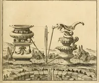 An illustration from Utilissimo trattato dell'acque correnti : diviso in tre libri : nel quale si notificano le misure, ed esperienze di esse : i giuochi, e scherzi, li quali per mezzo dell'aria, e del fuoco, vengono operati dall'acqua : con diversi necessarii ammaestramenti intorno al modo di far condotti, fistole, bottini, ed altro, per condurre l'acque ne' luoghi destinati : con una esatta notizia di tutto quello, ch'è stato operato intorno alla conduttura dell' acqua di Bracciano (1696)