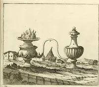An illustration from Utilissimo trattato dell'acque correnti : diviso in tre libri : nel quale si notificano le misure, ed esperienze di esse : i giuochi, e scherzi, li quali per mezzo dell'aria, e del fuoco, vengono operati dall'acqua : con diversi necessarii ammaestramenti intorno al modo di far condotti, fistole, bottini, ed altro, per condurre l'acque ne' luoghi destinati : con una esatta notizia di tutto quello, ch'è stato operato intorno alla conduttura dell' acqua di Bracciano (1696)