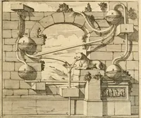 An illustration from Utilissimo trattato dell'acque correnti : diviso in tre libri : nel quale si notificano le misure, ed esperienze di esse : i giuochi, e scherzi, li quali per mezzo dell'aria, e del fuoco, vengono operati dall'acqua : con diversi necessarii ammaestramenti intorno al modo di far condotti, fistole, bottini, ed altro, per condurre l'acque ne' luoghi destinati : con una esatta notizia di tutto quello, ch'è stato operato intorno alla conduttura dell' acqua di Bracciano (1696)