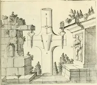 An illustration from Utilissimo trattato dell'acque correnti : diviso in tre libri : nel quale si notificano le misure, ed esperienze di esse : i giuochi, e scherzi, li quali per mezzo dell'aria, e del fuoco, vengono operati dall'acqua : con diversi necessarii ammaestramenti intorno al modo di far condotti, fistole, bottini, ed altro, per condurre l'acque ne' luoghi destinati : con una esatta notizia di tutto quello, ch'è stato operato intorno alla conduttura dell' acqua di Bracciano (1696)