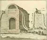 An illustration from Utilissimo trattato dell'acque correnti : diviso in tre libri : nel quale si notificano le misure, ed esperienze di esse : i giuochi, e scherzi, li quali per mezzo dell'aria, e del fuoco, vengono operati dall'acqua : con diversi necessarii ammaestramenti intorno al modo di far condotti, fistole, bottini, ed altro, per condurre l'acque ne' luoghi destinati : con una esatta notizia di tutto quello, ch'è stato operato intorno alla conduttura dell' acqua di Bracciano (1696)