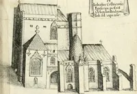 An illustration from The vale-royall of England, or, The county palatine of Chester illustrated : wherein is contained a geographical and historical description of that famous county, with all its hundreds and seats of the nobility, gentry, and freeholders, its rivers, towns, castles, buildings ancient and modern : adorned with maps and prospects, and the coats of arms belonging to every individual family of the whole county (1656)