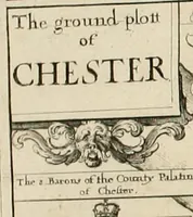 An illustration from The vale-royall of England, or, The county palatine of Chester illustrated : wherein is contained a geographical and historical description of that famous county, with all its hundreds and seats of the nobility, gentry, and freeholders, its rivers, towns, castles, buildings ancient and modern : adorned with maps and prospects, and the coats of arms belonging to every individual family of the whole county (1656)
