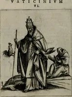Picture 18 of 52 from Vaticinia, siue Prophetiae abbatis Ioachimi & Anselmi episcopi Marsicani : cum imaginibus aere incisis, correctione et pulcritudine, plurium manuscriptorum exemplariu[m] op[er]e, et uariaru[m] imaginu[m] tabulis, et delineationibu[s], alijs ante hac impressis longè praestantiora : quibus Rota, et Oraculum turcicum maxime considerationis adiecta sunt : vnà cum praefatione, et adnotationibus Paschalini Regiselmi = Vaticinii, ouero Profetie dell'abbate Gioachino, & di Anselmo vescouo di Marsico : con l'imagini intagliate in rame, di correttione, et uaghezza maggiore, che gl'atri sin' hora stampati, per l'aggiuto di molti exemplari scritti à penna, et per le pitture, et disegni di uarie imagini : à qualli è aggionta una Ruota, et un' oracolo Turchesco di grandissima co[n]sideratione : insieme con la prefatione, et annotationi di Pasqualino Regiselmo (1589), leaf 47