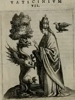 Picture 19 of 52 from Vaticinia, siue Prophetiae abbatis Ioachimi & Anselmi episcopi Marsicani : cum imaginibus aere incisis, correctione et pulcritudine, plurium manuscriptorum exemplariu[m] op[er]e, et uariaru[m] imaginu[m] tabulis, et delineationibu[s], alijs ante hac impressis longè praestantiora : quibus Rota, et Oraculum turcicum maxime considerationis adiecta sunt : vnà cum praefatione, et adnotationibus Paschalini Regiselmi = Vaticinii, ouero Profetie dell'abbate Gioachino, & di Anselmo vescouo di Marsico : con l'imagini intagliate in rame, di correttione, et uaghezza maggiore, che gl'atri sin' hora stampati, per l'aggiuto di molti exemplari scritti à penna, et per le pitture, et disegni di uarie imagini : à qualli è aggionta una Ruota, et un' oracolo Turchesco di grandissima co[n]sideratione : insieme con la prefatione, et annotationi di Pasqualino Regiselmo (1589), leaf 49