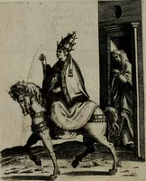 An illustration from Vaticinia, siue Prophetiae abbatis Ioachimi & Anselmi episcopi Marsicani : cum imaginibus aere incisis, correctione et pulcritudine, plurium manuscriptorum exemplariu[m] op[er]e, et uariaru[m] imaginu[m] tabulis, et delineationibu[s], alijs ante hac impressis longè praestantiora : quibus Rota, et Oraculum turcicum maxime considerationis adiecta sunt : vnà cum praefatione, et adnotationibus Paschalini Regiselmi = Vaticinii, ouero Profetie dell'abbate Gioachino, & di Anselmo vescouo di Marsico : con l'imagini intagliate in rame, di correttione, et uaghezza maggiore, che gl'atri sin' hora stampati, per l'aggiuto di molti exemplari scritti à penna, et per le pitture, et disegni di uarie imagini : à qualli è aggionta una Ruota, et un' oracolo Turchesco di grandissima co[n]sideratione : insieme con la prefatione, et annotationi di Pasqualino Regiselmo (1589)
