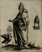 An illustration from Vaticinia, siue Prophetiae abbatis Ioachimi & Anselmi episcopi Marsicani : cum imaginibus aere incisis, correctione et pulcritudine, plurium manuscriptorum exemplariu[m] op[er]e, et uariaru[m] imaginu[m] tabulis, et delineationibu[s], alijs ante hac impressis longè praestantiora : quibus Rota, et Oraculum turcicum maxime considerationis adiecta sunt : vnà cum praefatione, et adnotationibus Paschalini Regiselmi = Vaticinii, ouero Profetie dell'abbate Gioachino, & di Anselmo vescouo di Marsico : con l'imagini intagliate in rame, di correttione, et uaghezza maggiore, che gl'atri sin' hora stampati, per l'aggiuto di molti exemplari scritti à penna, et per le pitture, et disegni di uarie imagini : à qualli è aggionta una Ruota, et un' oracolo Turchesco di grandissima co[n]sideratione : insieme con la prefatione, et annotationi di Pasqualino Regiselmo (1589)
