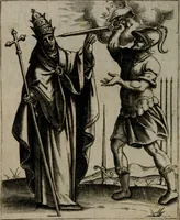 An illustration from Vaticinia, siue Prophetiae abbatis Ioachimi & Anselmi episcopi Marsicani : cum imaginibus aere incisis, correctione et pulcritudine, plurium manuscriptorum exemplariu[m] op[er]e, et uariaru[m] imaginu[m] tabulis, et delineationibu[s], alijs ante hac impressis longè praestantiora : quibus Rota, et Oraculum turcicum maxime considerationis adiecta sunt : vnà cum praefatione, et adnotationibus Paschalini Regiselmi = Vaticinii, ouero Profetie dell'abbate Gioachino, & di Anselmo vescouo di Marsico : con l'imagini intagliate in rame, di correttione, et uaghezza maggiore, che gl'atri sin' hora stampati, per l'aggiuto di molti exemplari scritti à penna, et per le pitture, et disegni di uarie imagini : à qualli è aggionta una Ruota, et un' oracolo Turchesco di grandissima co[n]sideratione : insieme con la prefatione, et annotationi di Pasqualino Regiselmo (1589)