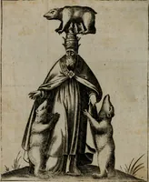 Picture 28 of 52 from Vaticinia, siue Prophetiae abbatis Ioachimi & Anselmi episcopi Marsicani : cum imaginibus aere incisis, correctione et pulcritudine, plurium manuscriptorum exemplariu[m] op[er]e, et uariaru[m] imaginu[m] tabulis, et delineationibu[s], alijs ante hac impressis longè praestantiora : quibus Rota, et Oraculum turcicum maxime considerationis adiecta sunt : vnà cum praefatione, et adnotationibus Paschalini Regiselmi = Vaticinii, ouero Profetie dell'abbate Gioachino, & di Anselmo vescouo di Marsico : con l'imagini intagliate in rame, di correttione, et uaghezza maggiore, che gl'atri sin' hora stampati, per l'aggiuto di molti exemplari scritti à penna, et per le pitture, et disegni di uarie imagini : à qualli è aggionta una Ruota, et un' oracolo Turchesco di grandissima co[n]sideratione : insieme con la prefatione, et annotationi di Pasqualino Regiselmo (1589), leaf 67