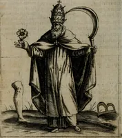 Picture 32 of 52 from Vaticinia, siue Prophetiae abbatis Ioachimi & Anselmi episcopi Marsicani : cum imaginibus aere incisis, correctione et pulcritudine, plurium manuscriptorum exemplariu[m] op[er]e, et uariaru[m] imaginu[m] tabulis, et delineationibu[s], alijs ante hac impressis longè praestantiora : quibus Rota, et Oraculum turcicum maxime considerationis adiecta sunt : vnà cum praefatione, et adnotationibus Paschalini Regiselmi = Vaticinii, ouero Profetie dell'abbate Gioachino, & di Anselmo vescouo di Marsico : con l'imagini intagliate in rame, di correttione, et uaghezza maggiore, che gl'atri sin' hora stampati, per l'aggiuto di molti exemplari scritti à penna, et per le pitture, et disegni di uarie imagini : à qualli è aggionta una Ruota, et un' oracolo Turchesco di grandissima co[n]sideratione : insieme con la prefatione, et annotationi di Pasqualino Regiselmo (1589), leaf 77