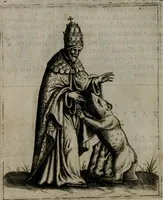 Picture 34 of 52 from Vaticinia, siue Prophetiae abbatis Ioachimi & Anselmi episcopi Marsicani : cum imaginibus aere incisis, correctione et pulcritudine, plurium manuscriptorum exemplariu[m] op[er]e, et uariaru[m] imaginu[m] tabulis, et delineationibu[s], alijs ante hac impressis longè praestantiora : quibus Rota, et Oraculum turcicum maxime considerationis adiecta sunt : vnà cum praefatione, et adnotationibus Paschalini Regiselmi = Vaticinii, ouero Profetie dell'abbate Gioachino, & di Anselmo vescouo di Marsico : con l'imagini intagliate in rame, di correttione, et uaghezza maggiore, che gl'atri sin' hora stampati, per l'aggiuto di molti exemplari scritti à penna, et per le pitture, et disegni di uarie imagini : à qualli è aggionta una Ruota, et un' oracolo Turchesco di grandissima co[n]sideratione : insieme con la prefatione, et annotationi di Pasqualino Regiselmo (1589), leaf 81