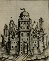 An illustration from Vaticinia, siue Prophetiae abbatis Ioachimi & Anselmi episcopi Marsicani : cum imaginibus aere incisis, correctione et pulcritudine, plurium manuscriptorum exemplariu[m] op[er]e, et uariaru[m] imaginu[m] tabulis, et delineationibu[s], alijs ante hac impressis longè praestantiora : quibus Rota, et Oraculum turcicum maxime considerationis adiecta sunt : vnà cum praefatione, et adnotationibus Paschalini Regiselmi = Vaticinii, ouero Profetie dell'abbate Gioachino, & di Anselmo vescouo di Marsico : con l'imagini intagliate in rame, di correttione, et uaghezza maggiore, che gl'atri sin' hora stampati, per l'aggiuto di molti exemplari scritti à penna, et per le pitture, et disegni di uarie imagini : à qualli è aggionta una Ruota, et un' oracolo Turchesco di grandissima co[n]sideratione : insieme con la prefatione, et annotationi di Pasqualino Regiselmo (1589)