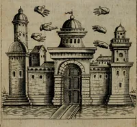 Picture 36 of 52 from Vaticinia, siue Prophetiae abbatis Ioachimi & Anselmi episcopi Marsicani : cum imaginibus aere incisis, correctione et pulcritudine, plurium manuscriptorum exemplariu[m] op[er]e, et uariaru[m] imaginu[m] tabulis, et delineationibu[s], alijs ante hac impressis longè praestantiora : quibus Rota, et Oraculum turcicum maxime considerationis adiecta sunt : vnà cum praefatione, et adnotationibus Paschalini Regiselmi = Vaticinii, ouero Profetie dell'abbate Gioachino, & di Anselmo vescouo di Marsico : con l'imagini intagliate in rame, di correttione, et uaghezza maggiore, che gl'atri sin' hora stampati, per l'aggiuto di molti exemplari scritti à penna, et per le pitture, et disegni di uarie imagini : à qualli è aggionta una Ruota, et un' oracolo Turchesco di grandissima co[n]sideratione : insieme con la prefatione, et annotationi di Pasqualino Regiselmo (1589), leaf 87