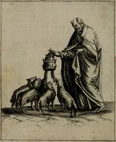 Picture 38 of 52 from Vaticinia, siue Prophetiae abbatis Ioachimi & Anselmi episcopi Marsicani : cum imaginibus aere incisis, correctione et pulcritudine, plurium manuscriptorum exemplariu[m] op[er]e, et uariaru[m] imaginu[m] tabulis, et delineationibu[s], alijs ante hac impressis longè praestantiora : quibus Rota, et Oraculum turcicum maxime considerationis adiecta sunt : vnà cum praefatione, et adnotationibus Paschalini Regiselmi = Vaticinii, ouero Profetie dell'abbate Gioachino, & di Anselmo vescouo di Marsico : con l'imagini intagliate in rame, di correttione, et uaghezza maggiore, che gl'atri sin' hora stampati, per l'aggiuto di molti exemplari scritti à penna, et per le pitture, et disegni di uarie imagini : à qualli è aggionta una Ruota, et un' oracolo Turchesco di grandissima co[n]sideratione : insieme con la prefatione, et annotationi di Pasqualino Regiselmo (1589), leaf 91