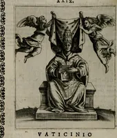 Picture 40 of 52 from Vaticinia, siue Prophetiae abbatis Ioachimi & Anselmi episcopi Marsicani : cum imaginibus aere incisis, correctione et pulcritudine, plurium manuscriptorum exemplariu[m] op[er]e, et uariaru[m] imaginu[m] tabulis, et delineationibu[s], alijs ante hac impressis longè praestantiora : quibus Rota, et Oraculum turcicum maxime considerationis adiecta sunt : vnà cum praefatione, et adnotationibus Paschalini Regiselmi = Vaticinii, ouero Profetie dell'abbate Gioachino, & di Anselmo vescouo di Marsico : con l'imagini intagliate in rame, di correttione, et uaghezza maggiore, che gl'atri sin' hora stampati, per l'aggiuto di molti exemplari scritti à penna, et per le pitture, et disegni di uarie imagini : à qualli è aggionta una Ruota, et un' oracolo Turchesco di grandissima co[n]sideratione : insieme con la prefatione, et annotationi di Pasqualino Regiselmo (1589), leaf 95