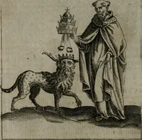 Picture 41 of 52 from Vaticinia, siue Prophetiae abbatis Ioachimi & Anselmi episcopi Marsicani : cum imaginibus aere incisis, correctione et pulcritudine, plurium manuscriptorum exemplariu[m] op[er]e, et uariaru[m] imaginu[m] tabulis, et delineationibu[s], alijs ante hac impressis longè praestantiora : quibus Rota, et Oraculum turcicum maxime considerationis adiecta sunt : vnà cum praefatione, et adnotationibus Paschalini Regiselmi = Vaticinii, ouero Profetie dell'abbate Gioachino, & di Anselmo vescouo di Marsico : con l'imagini intagliate in rame, di correttione, et uaghezza maggiore, che gl'atri sin' hora stampati, per l'aggiuto di molti exemplari scritti à penna, et per le pitture, et disegni di uarie imagini : à qualli è aggionta una Ruota, et un' oracolo Turchesco di grandissima co[n]sideratione : insieme con la prefatione, et annotationi di Pasqualino Regiselmo (1589), leaf 97