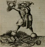 An illustration from Vaticinia, siue Prophetiae abbatis Ioachimi & Anselmi episcopi Marsicani : cum imaginibus aere incisis, correctione et pulcritudine, plurium manuscriptorum exemplariu[m] op[er]e, et uariaru[m] imaginu[m] tabulis, et delineationibu[s], alijs ante hac impressis longè praestantiora : quibus Rota, et Oraculum turcicum maxime considerationis adiecta sunt : vnà cum praefatione, et adnotationibus Paschalini Regiselmi = Vaticinii, ouero Profetie dell'abbate Gioachino, & di Anselmo vescouo di Marsico : con l'imagini intagliate in rame, di correttione, et uaghezza maggiore, che gl'atri sin' hora stampati, per l'aggiuto di molti exemplari scritti à penna, et per le pitture, et disegni di uarie imagini : à qualli è aggionta una Ruota, et un' oracolo Turchesco di grandissima co[n]sideratione : insieme con la prefatione, et annotationi di Pasqualino Regiselmo (1589)