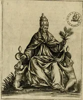 An illustration from Vaticinia, siue, Prophetiae abbatis Joachimi & Anselmi episcopi Marsicani : cum imaginibus aere incisis, correctione et pulcritudine, plurium manuscriptorum exemplariu op[er]e ... : qvibvs rota et oraculum turcicum maxime considerationis adiecta sunt : vna cum praefatione et adnotationibus Paschalini Regiselmi = Vaticinii, ouero, Profetie dell'abbate Gioachino & di Anselmo vescovo di Marsico .. (1589)