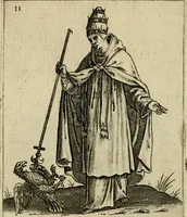 An illustration from Vaticinia, siue, Prophetiae abbatis Joachimi & Anselmi episcopi Marsicani : cum imaginibus aere incisis, correctione et pulcritudine, plurium manuscriptorum exemplariu op[er]e ... : qvibvs rota et oraculum turcicum maxime considerationis adiecta sunt : vna cum praefatione et adnotationibus Paschalini Regiselmi = Vaticinii, ouero, Profetie dell'abbate Gioachino & di Anselmo vescovo di Marsico .. (1589)