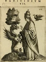 An illustration from Vaticinia, siue, Prophetiae abbatis Joachimi & Anselmi episcopi Marsicani : cum imaginibus aere incisis, correctione et pulcritudine, plurium manuscriptorum exemplariu op[er]e ... : qvibvs rota et oraculum turcicum maxime considerationis adiecta sunt : vna cum praefatione et adnotationibus Paschalini Regiselmi = Vaticinii, ouero, Profetie dell'abbate Gioachino & di Anselmo vescovo di Marsico .. (1589)