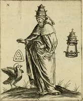 An illustration from Vaticinia, siue, Prophetiae abbatis Joachimi & Anselmi episcopi Marsicani : cum imaginibus aere incisis, correctione et pulcritudine, plurium manuscriptorum exemplariu op[er]e ... : qvibvs rota et oraculum turcicum maxime considerationis adiecta sunt : vna cum praefatione et adnotationibus Paschalini Regiselmi = Vaticinii, ouero, Profetie dell'abbate Gioachino & di Anselmo vescovo di Marsico .. (1589)