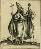 An illustration from Vaticinia, siue, Prophetiae abbatis Joachimi & Anselmi episcopi Marsicani : cum imaginibus aere incisis, correctione et pulcritudine, plurium manuscriptorum exemplariu op[er]e ... : qvibvs rota et oraculum turcicum maxime considerationis adiecta sunt : vna cum praefatione et adnotationibus Paschalini Regiselmi = Vaticinii, ouero, Profetie dell'abbate Gioachino & di Anselmo vescovo di Marsico .. (1589)